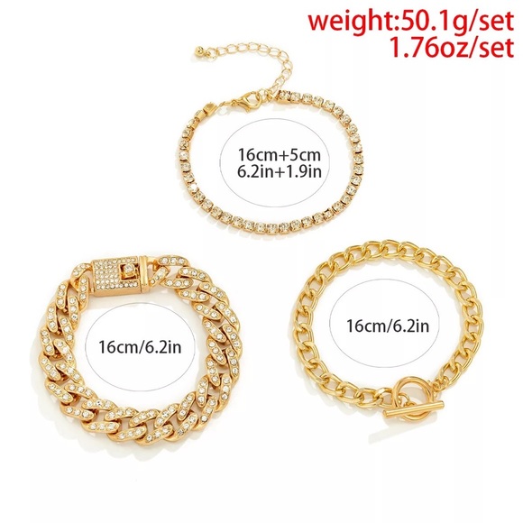 🆕 Gold Modern Rhinestone Chain Bracelet Set - Picture 3 of 3